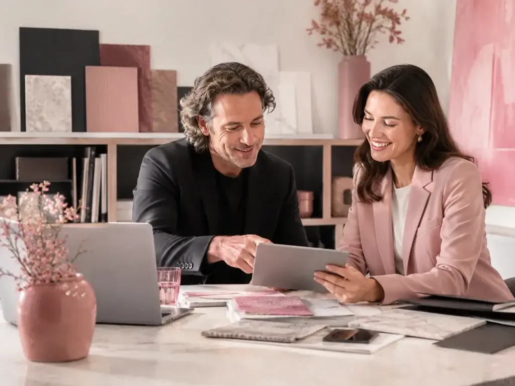 Twee professionals bespreken een registratie en mogelijke samenwerking in een stijlvolle interieurstudio.
