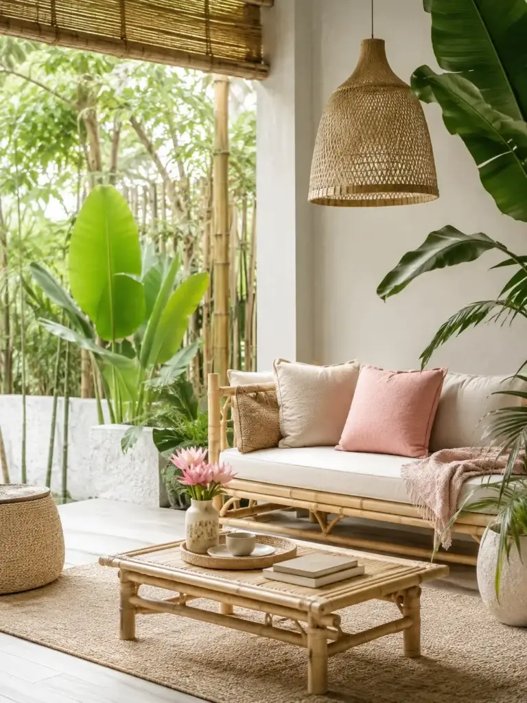 Lichte woonruimte met bamboe meubels, groene planten en zachte roze woonaccessoires.