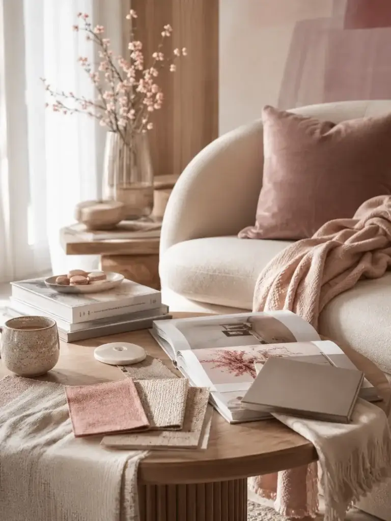 Sfeervolle interieurhoek met fauteuil, woonmagazines, materiaalstalen en zachte roze woonaccessoires.