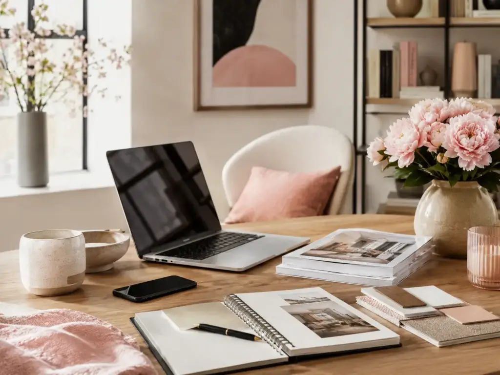 Stijlvolle werkplek met laptop, notitieboek, interieurstalen en roze bloemen op een houten tafel.