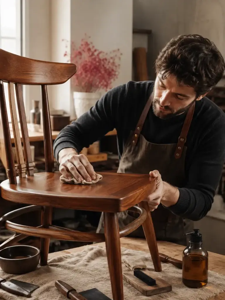 Vakman behandelt en onderhoudt een houten stoel met olie in een werkplaats.