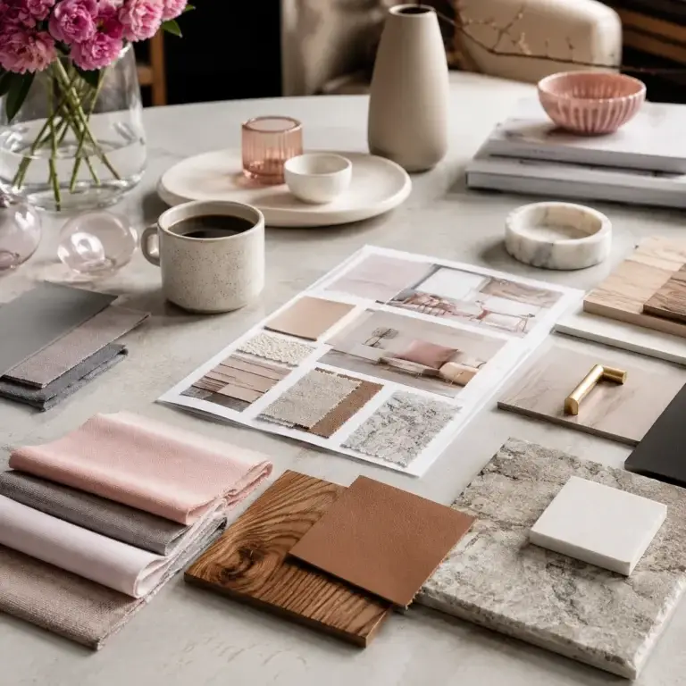Moodboard met stoffen, hout, leer en interieurmaterialen in neutrale en roze tinten.