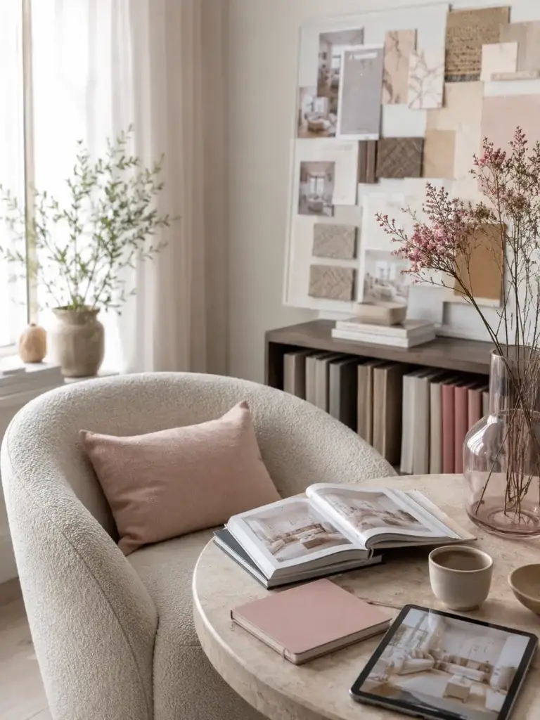 Sfeervolle leeshoek met fauteuil, interieurboeken, tablet en moodboard in zachte neutrale en roze tinten.