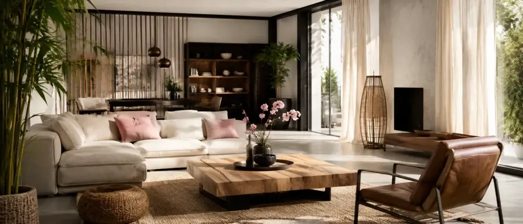 Moderne woonkamer met houten meubels, leren fauteuil, bamboe details en roze accenten.