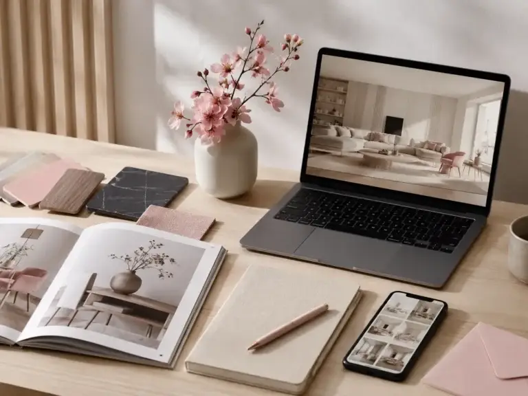 Moderne bureau-opstelling met laptop, smartphone, woonmagazine en materiaalstalen voor online interieurinspiratie.