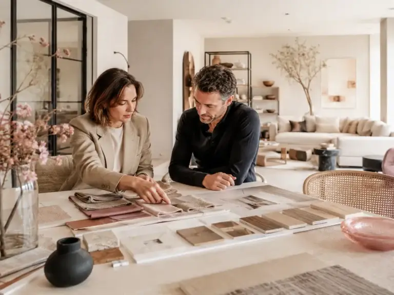 Interieurprofessionals bespreken stoffen, houtsoorten en woonmaterialen in een stijlvolle moderne woonomgeving.