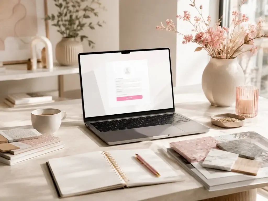 Moderne werkplek met laptop, notitieboek en interieurmaterialen voor registratie bij Guido Trendline.