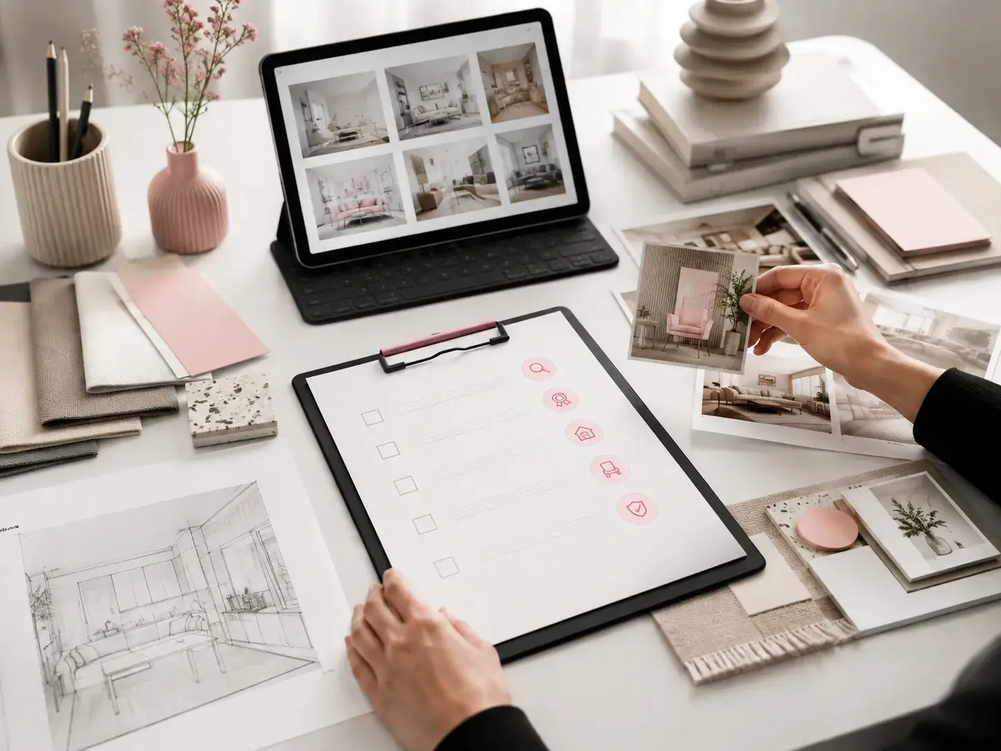 Georganiseerde werktafel met checklist, interieurfoto’s en materiaalstalen voor beoordeling van een aanvraag.