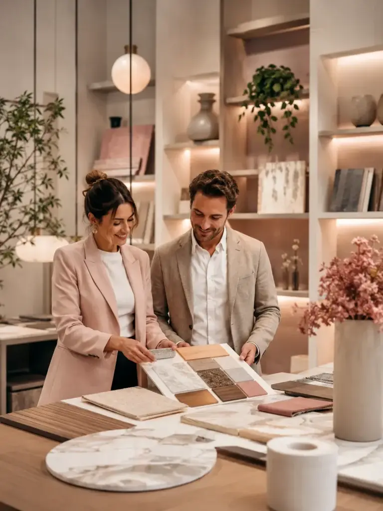 Twee interieurprofessionals bekijken een moodboard met materialen, houtstalen en kleurvoorbeelden in een moderne showroom.