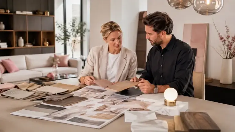 Interieurprofessionals bespreken materiaalstalen, houtsoorten en woonideeën tijdens een samenwerking voor Guido Trendline.