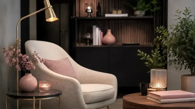 Gezellige leeshoek met comfortabele fauteuil, houten tafel, sfeerverlichting en roze accenten.