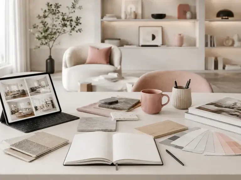 Moderne werkplek met interieurstalen, tablet, notitieboek en wooninspiratie voor praktische antwoorden van Guido Trendline.